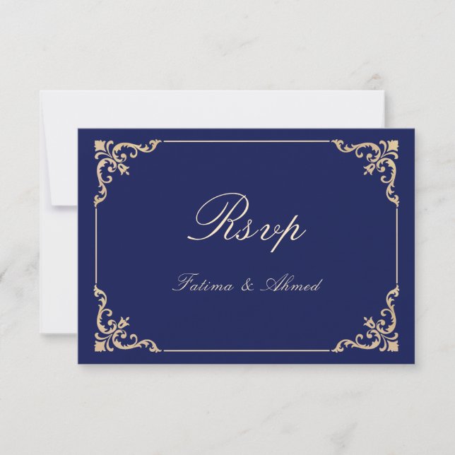 Vintage Blue Islamic Muslim Wedding RSVP Card (Front)