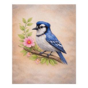 Vintage Blue Jay Botanical Bird Art Print Poster