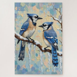 Vintage Blue Jays on Icicle Branch Christmas Art Jigsaw Puzzle