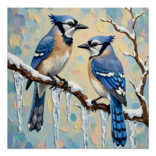 Vintage Blue Jays on Icicle Branch Christmas Art Poster