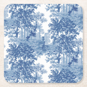 Vintage Blue Landscape Toile w/Urns and Columns Square Paper Coaster