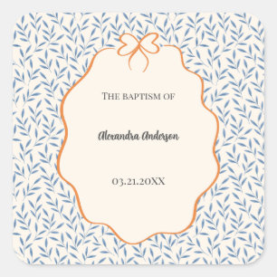 Vintage Blue Leaves Orange Floral Photo Baptism Square Sticker