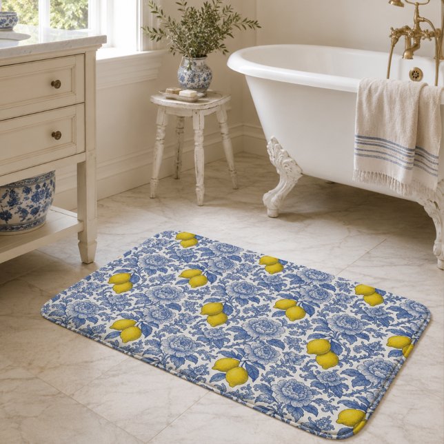 Vintage Blue Lemon Botanical Pattern Bath Mat (Creator Uploaded)