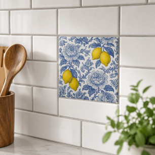 Vintage Blue Lemon Botanical Pattern Ceramic Tile