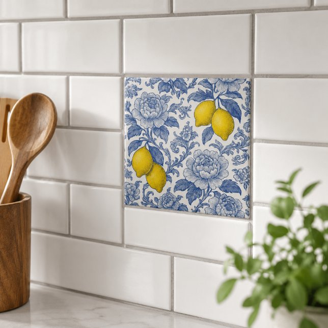 Vintage Blue Lemon Botanical Pattern Ceramic Tile (Creator Uploaded)