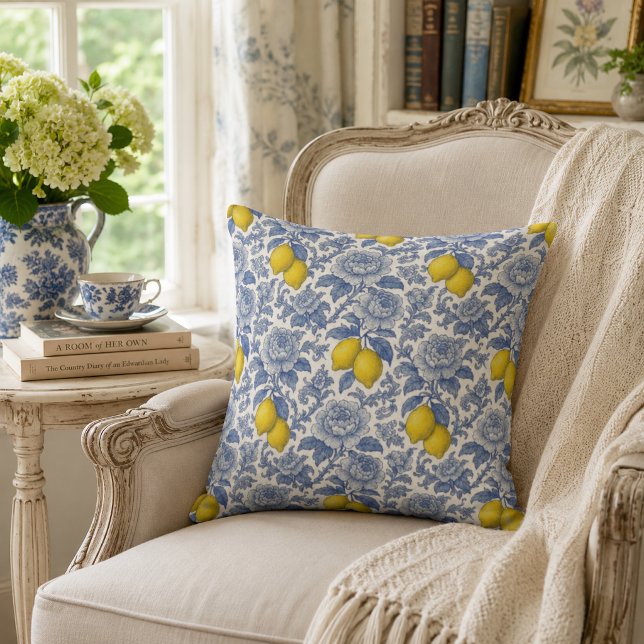 Vintage Blue Lemon Botanical Pattern Cushion (Creator Uploaded)