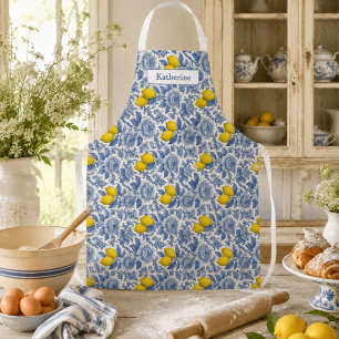 Vintage Blue Lemon Botanical Pattern Name Apron