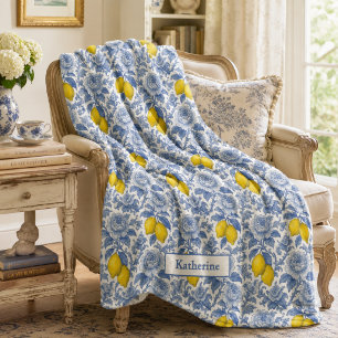 Vintage Blue Lemon Botanical Pattern Name Fleece Blanket