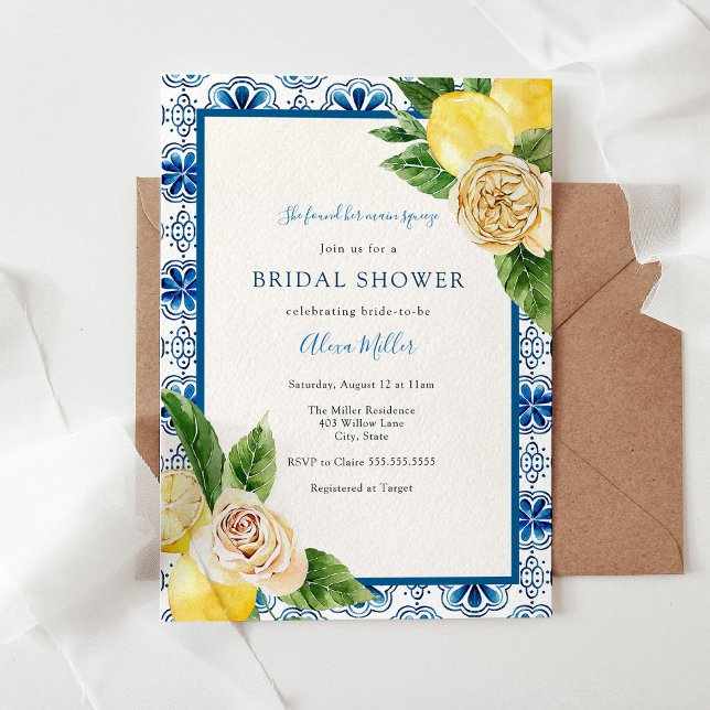 Vintage Blue Lemon Bridal Shower Invitation (Creator Uploaded)