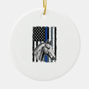 Vintage Blue Line Horse Flag Vector Design Ceramic Ornament