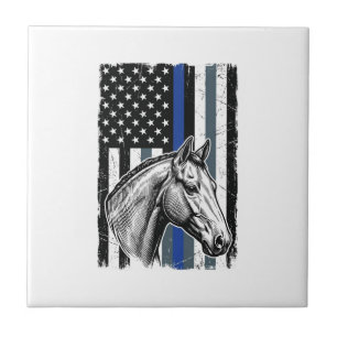 Vintage Blue Line Horse Flag Vector Design Ceramic Tile