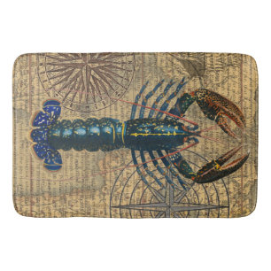 Vintage Blue Lobster Map Collage: Nautical Coastal Bath Mat