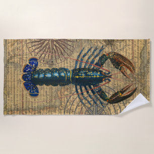 Vintage Blue Lobster Map Collage: Nautical Coastal Beach Towel