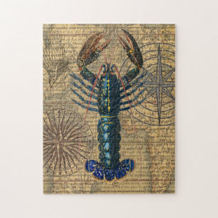 Vintage Blue Lobster Map Collage: Nautical Coastal Jigsaw Puzzle