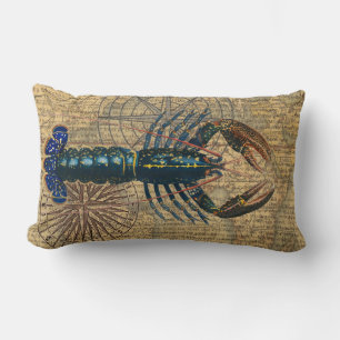 Vintage Blue Lobster Map Collage: Nautical Coastal Lumbar Cushion