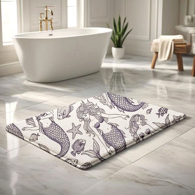 Vintage Blue Mermaid & Sea Life Pattern Bath Mat (Creator Uploaded)