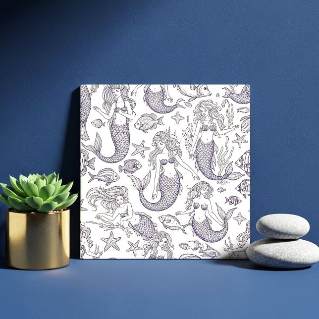 Vintage Blue Mermaid & Sea Life Pattern Ceramic Tile (Creator Uploaded)