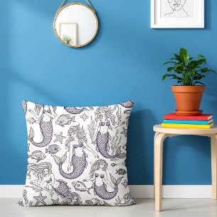 Vintage Blue Mermaid & Sea Life Pattern Cushion