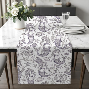 Vintage Blue Mermaid & Sea Life Pattern Medium Table Runner
