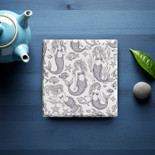 Vintage Blue Mermaid & Sea Life Pattern Stone Coaster