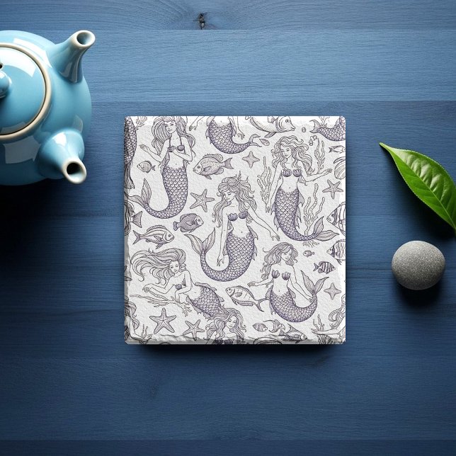 Vintage Blue Mermaid & Sea Life Pattern Stone Coaster (Creator Uploaded)