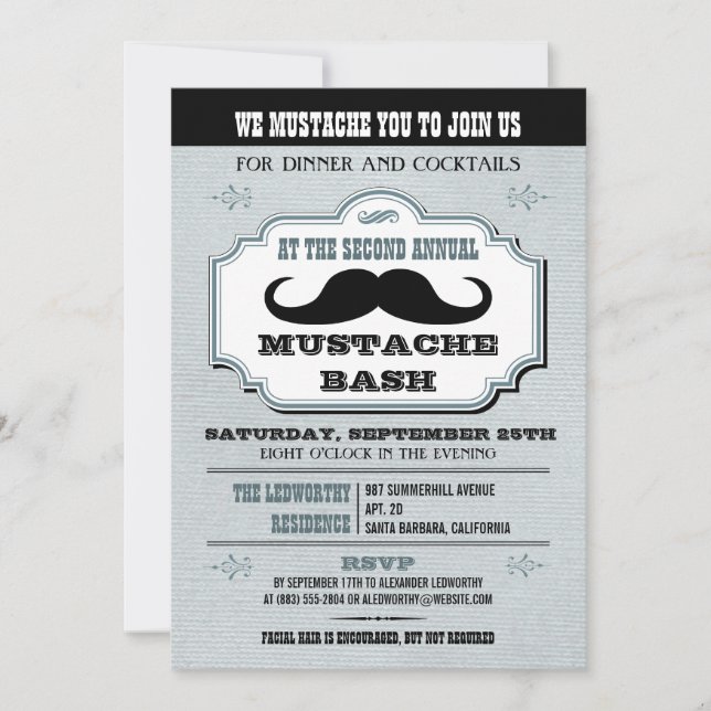 Vintage Blue Moustache Bash Invitation (Front)
