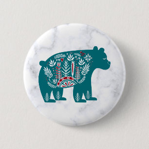 Vintage Blue Nordic Bear on Marble Pinback 6 Cm Round Badge