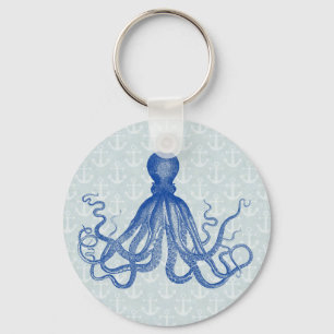 Vintage Blue Octopus with Anchors Key Ring