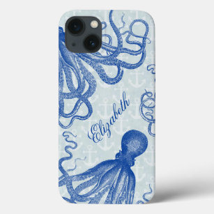 Vintage Blue Octopus with Anchors Personalised iPhone 13 Case