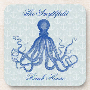 Vintage Blue Octopus with Anchors Personalised Coaster
