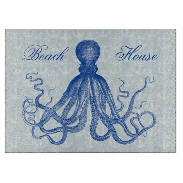 Vintage Blue Octopus with Anchors Personalised Cutting Board (Front)