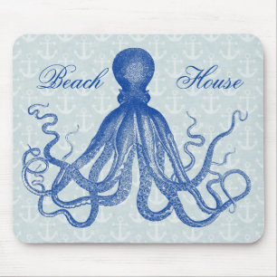 Vintage Blue Octopus with Anchors Personalised Mouse Pad