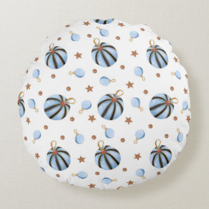 Vintage Blue Ornaments & Golden Stars Pattern Round Cushion