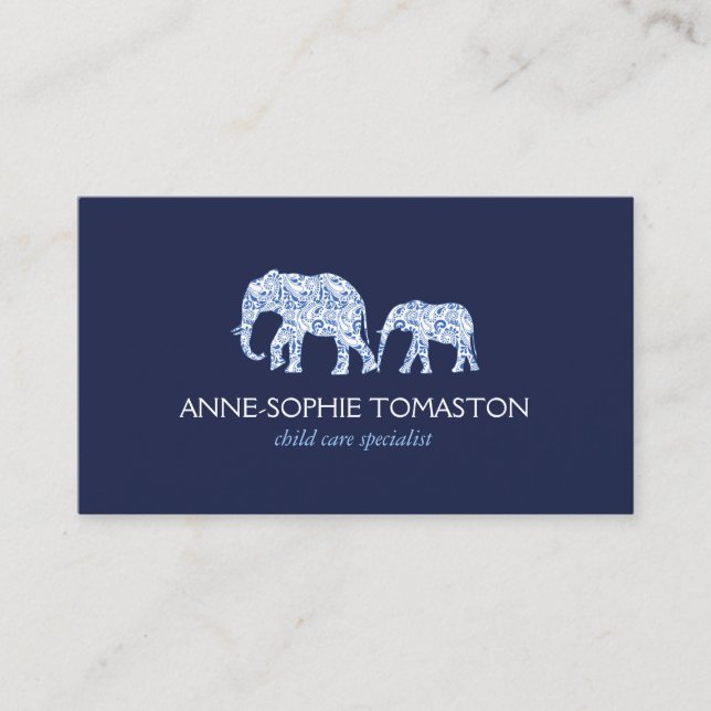 Vintage Blue Patterned Elephants Child Care Business Card (Front)