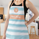 Vintage Blue Peach Pink Nautical Monogram Gift Apron<br><div class="desc">A personalised apron that would make a perfect Christmas gift for a hostess, but also birthday, Christmas or Mother's Day gift, featuring a pattern of watercolor, hand-drawn nautical blue stripes, with vintage peach pink accents and for the straps. Personalise it with a name - with your mum's name (or Nana...</div>