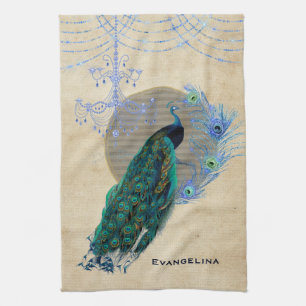 Vintage Blue Peacock Feathers Chandelier  Tea Towel