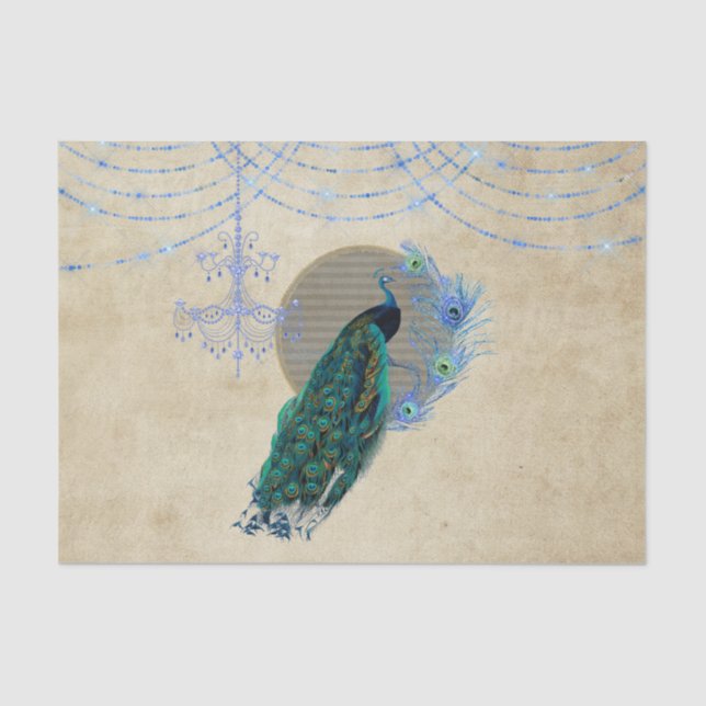 Vintage Blue Peacock Feathers Chandelier  Tissue Paper (Front)