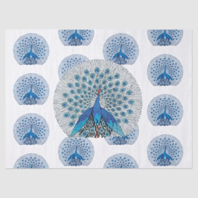Vintage Blue Peacock Pattern Decoupage Tissue Paper (Front)