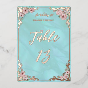 Vintage Blue Peony Foil Table Number Card