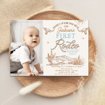 Vintage Blue Photo First Rodeo 1st Birthday  Invitation<br><div class="desc">Vintage Blue Photo First Rodeo 1st Birthday Invitation Blue and brown boy's vintage style first rodeo birthday invitation with a desert landscape with cactus, longhorn cows, sun and a rope like text heading. This boy's first rodeo birthday invitation also features a photo on the side and is ideal for a...</div>