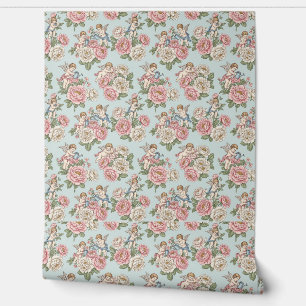 Vintage Blue & Pink Coquette Cherub Angel Rose Wallpaper