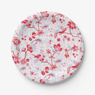 Vintage Blue Pink Folk Bird Floral Paper Plate