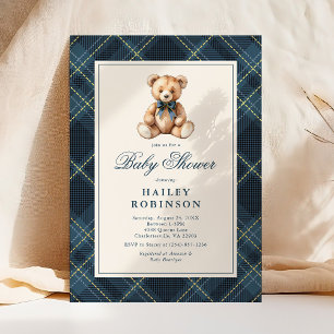 Vintage Blue Plaid Classic Teddy Bear Baby Shower Invitation