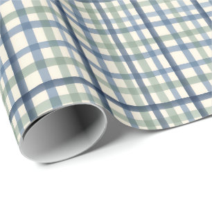 Vintage Blue Plaid Pattern Dusty Blue Sage Green Wrapping Paper