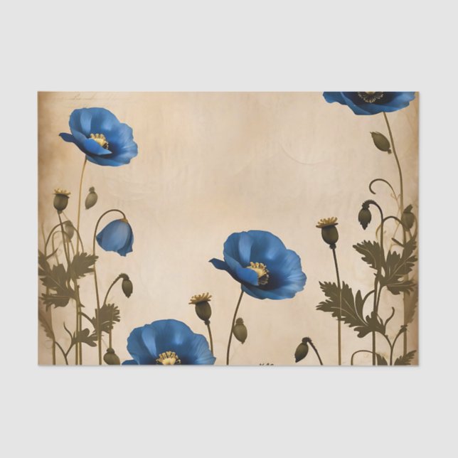 Vintage Blue Poppy on Aged Parchment Tissue Paper (Front)