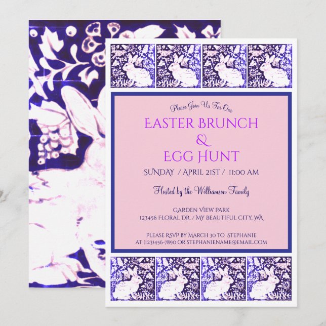 Vintage Blue Purple Easter Bunny Brunch Pretty Invitation (Front/Back)