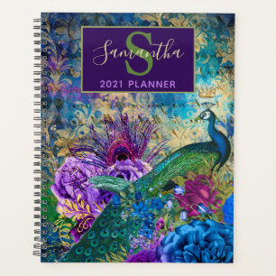 Vintage Blue, purple & Gold floral Peacock Planner