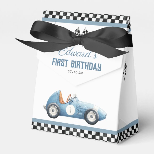 Vintage Blue Race Car 1st Birthday Favour Box (Front Side)