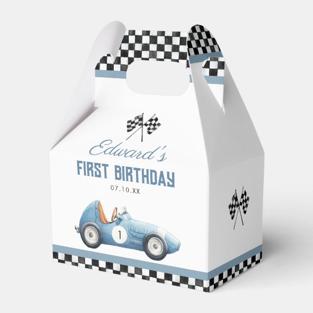 Vintage Blue Race Car 1st Birthday Favour Box (Front Side)