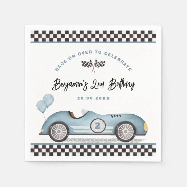 Vintage Blue Racing Car Two Fast Boy 2nd Birthday Napkin (Front)